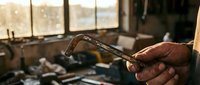 Skilled craftsman hands holding traditional woodworking chisel in rustic workshop with natural lighting and vintage tools for handmade furniture creation.