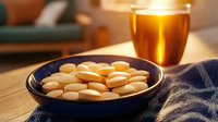 Vitamin and supplement pills on blue ceramic plate with glass of orange juice in morning sunlight, healthy lifestyle and nutritional concept.