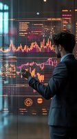 Caucasian businessman in suit analyzing financial data on large interactive display with stock market charts, graphs and trading indicators in modern office.