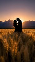 Romantic couple silhouette embracing in golden wheat field at sunset with mountain backdrop for wedding and love concepts.