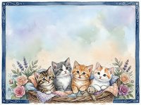 Five adorable kittens sitting in wicker basket surrounded by roses and lavender flowers with decorative border frame on pastel watercolor background.