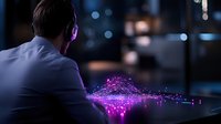 Professional man viewing purple digital wave visualization on interactive touchscreen display in dark office with bokeh lights and modern technology interface.