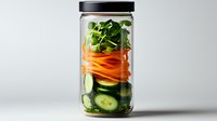 Fresh layered vegetables in glass jar with cucumber slices, julienned carrots and green leafy vegetables against light background, meal prep concept.