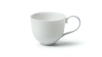 White ceramic coffee cup with curved handle on white background, minimalist design for modern kitchen and dining settings, isolated object ready for commercial use.