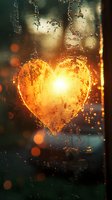Glowing heart shape drawn on rainy window glass with sunset light creating magical bokeh effect and water drops streaming down, romantic atmosphere.