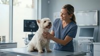 Veterinarian in blue scrubs examining white fluffy dog on examination table in modern clinic with medical equipment in background.