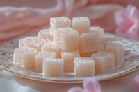 Sweet sugar cubes arranged on glass plate with soft pink fabric background for confectionery and baking concepts.