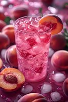 Pink refreshing peach cocktail with ice cubes and fresh fruit slices in tall glass on dark background with bokeh lights and ripe peaches around.