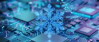Digital snowflake on computer circuit board with blue purple neon lights representing winter technology, cyber security, data cooling systems, tech innovation.