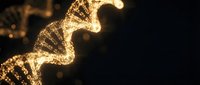 Glowing golden DNA double helix made of luminous particles on dark background, representing genetics, biotechnology, and science.