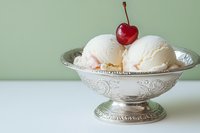 Three scoops of vanilla ice cream topped with a cherry in an ornate silver bowl on a white surface with a soft green background.