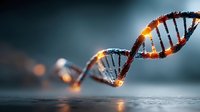 DNA double helix structure with glowing orange light effects on dark background for medical research and genetic science concepts.