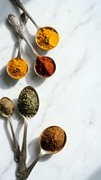 Colorful spices in ornate silver spoons on white marble surface including turmeric, paprika, herbs and cocoa powder for cooking and seasoning recipes.