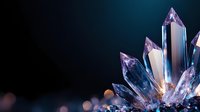 Luminous crystal cluster with translucent blue and purple quartz points emerging against dark background with soft bokeh lights, mystical mineral formation.