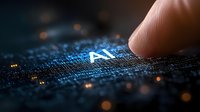 Finger touching glowing AI text on digital circuit board with blue technology pattern and bokeh lights, representing artificial intelligence advancement.
