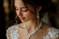Young bride wearing luxurious crystal jewelry set and white lace wedding dress, with soft makeup and romantic hairstyle in warm atmospheric lighting.