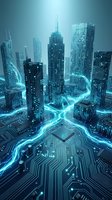 Futuristic cityscape with glowing neon blue circuit pathways flowing between towering skyscrapers and digital infrastructure, representing smart city technology and data connectivity for tech and innovation concepts.
