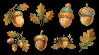 Autumn acorns and oak leaves clipart set, isolated on transparent background, ready for fall T-shirts, stickers, print on demand, and sublimation design use.