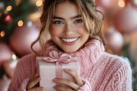 Young Caucasian woman in pink knit sweater holding wrapped gift box, expressing genuine joy with bright smile against blurred Christmas tree and holiday lights background.