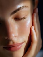 Close-up portrait of glowing skin with dewy effect, closed eyes, and gentle smile showing natural beauty and skincare results in warm lighting.