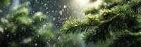 Fresh pine branches with raindrops in soft bokeh light, creating atmospheric forest scene for nature and seasonal designs.