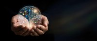 Hands holding glowing digital brain with neural network connections representing artificial intelligence and machine learning technology concepts.