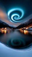 Spectacular northern lights spiral over illuminated coastal village with snow-capped mountains, reflected in calm water surface during polar night.