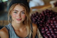 Young Caucasian woman with blonde hair and blue eyes wearing grey tank top and beanie smiling at camera, fresh red grapes in wooden crate in background.