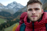 Young Caucasian male hiker with beard wearing red jacket and backpack smiling at camera with mountain landscape background during outdoor adventure.