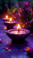 Traditional clay oil lamps with glowing flames surrounded by vibrant purple flowers, creating a spiritual atmosphere for Diwali celebration or meditation.