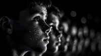 Young boy with water droplets on face in dramatic black and white profile portrait against dark background with bokeh lights creating atmospheric mood.