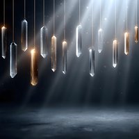 Hanging crystal pendants with warm golden light beams creating mystical atmosphere on dark textured background for luxury interior design concepts.