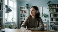 Young woman with long dark hair and light skin tone, wearing a beige knit sweater, sitting at a desk in a bright home office with bookshelves, plants, and natural light from windows.