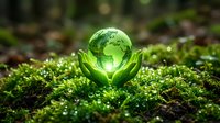 Hands holding glowing green globe on moss, symbolizing environmental protection, sustainability, and eco-friendly conservation efforts for green energy campaigns.