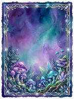 Enchanted forest scene with glowing mushrooms, magical plants, and ornate decorative border on gradient purple and teal background. Fantasy woodland illustration for posters, prints, and mystical designs.