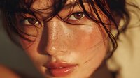 Young woman with wet hair and glowing skin in golden sunlight. Natural beauty portrait with water droplets and warm lighting for skincare and wellness concepts.