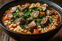 Hearty beef soup with tender meat chunks, spiral pasta, carrots and fresh herbs in rich tomato broth served in rustic ceramic bowl on wooden table.