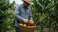 Hispanic male farmer in straw hat and denim shirt harvesting fresh cacao pods in tropical plantation, placing ripe fruits in wicker basket for chocolate production.