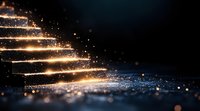 Glowing golden stairway with magical sparkles and light particles floating in dark space, creating mystical ascending path with bokeh effect and lens flare.