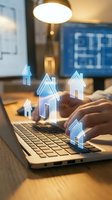 Hands typing on laptop with glowing house icons floating above keyboard representing digital real estate technology and online property search platform.