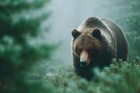 Large brown bear walking through green forest vegetation in natural wilderness habitat during daytime for wildlife photography and nature conservation content.