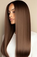 Young woman with long straight brown hair wearing white top, showcasing sleek hairstyle and natural makeup against beige background. Perfect for beauty and hair care advertising.