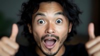 Young Asian man with dark wavy hair and facial hair displaying excited, surprised expression with thumbs up gesture, suitable for positive marketing and motivational content.