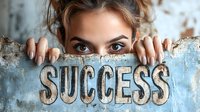 Young woman with expressive eyes peeks over weathered wall with carved SUCCESS text, showing manicured nails. Conceptual business motivation photo.