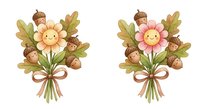 Cute cartoon flower bouquets with smiling faces and acorns tied with ribbon, autumn floral arrangements for children's designs and seasonal decorations.