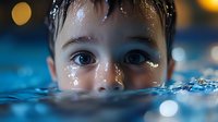 Close up view of young boy's face partially submerged in blue swimming pool water with sparkling bokeh lights and water droplets creating atmospheric swimming scene.