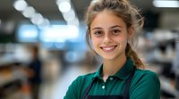 Young female retail worker in green polo shirt smiling warmly at camera in store environment with soft bokeh background, representing customer service and workplace satisfaction.