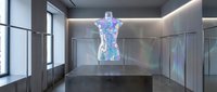 Futuristic holographic human anatomy display in modern medical facility with digital body projection technology for healthcare education and research applications.
