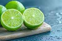Fresh cut and whole limes on wooden cutting board against dark background with water drops, macro view showing juicy citrus texture and details.