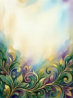 Ornate floral border with gold filigree scrollwork frames soft watercolor gradient background in pastel yellow, blue, and purple tones, ideal for invitations and design projects.